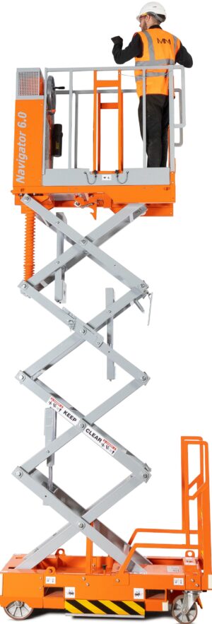 Navigator 6.0 Manual Lift Access Platform With Man and White Background